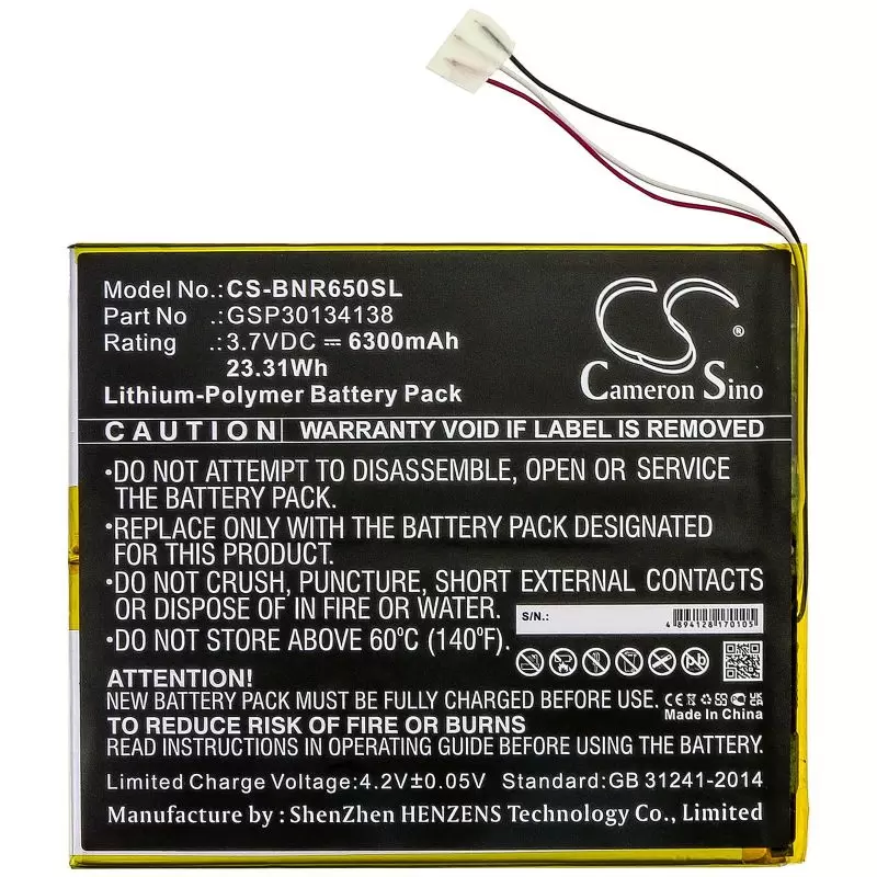 Li-Polymer Battery fits Barnes & Noble, Bntv650, Nook 10.1 3.8V, 6300mAh